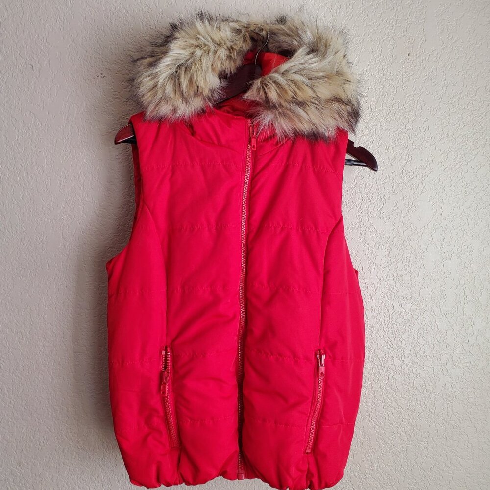 Liz Claiborne Puffer Vest Faux Fur Removable Hood Quilted Zip Front Womens Red L